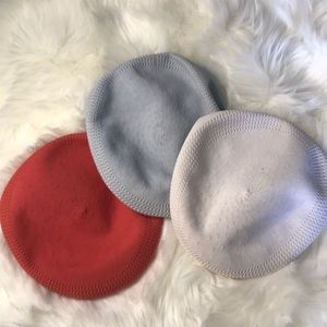 3 Kangol hats gray/blue, white, sorbet orange